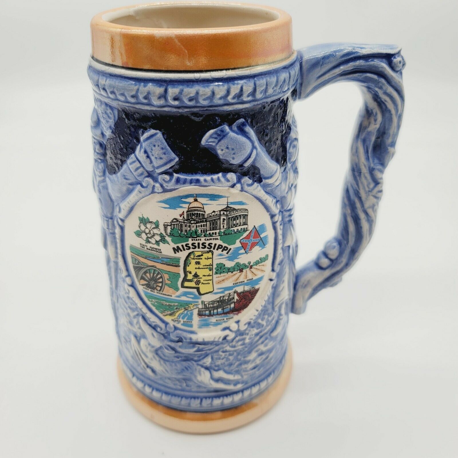 Vintage Made In Japan Dixie Ceramic Mug Blue Mississippi 7.5"
