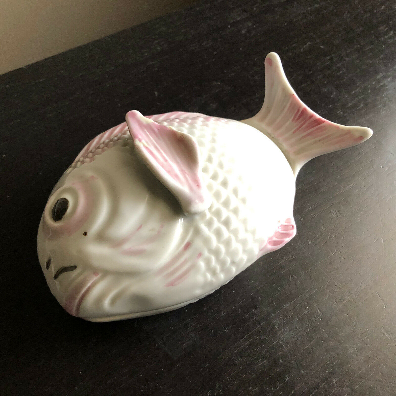 Vintage Japanese Porcelain Lidded Fish Box Anthropomorphic Art Carved Painted Nr