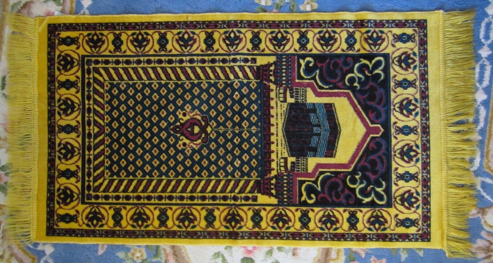 Prayer Rug Islamic Saudia Arabia Muslim Mat Yellow Fringe 24 X  42 Soft Vintage