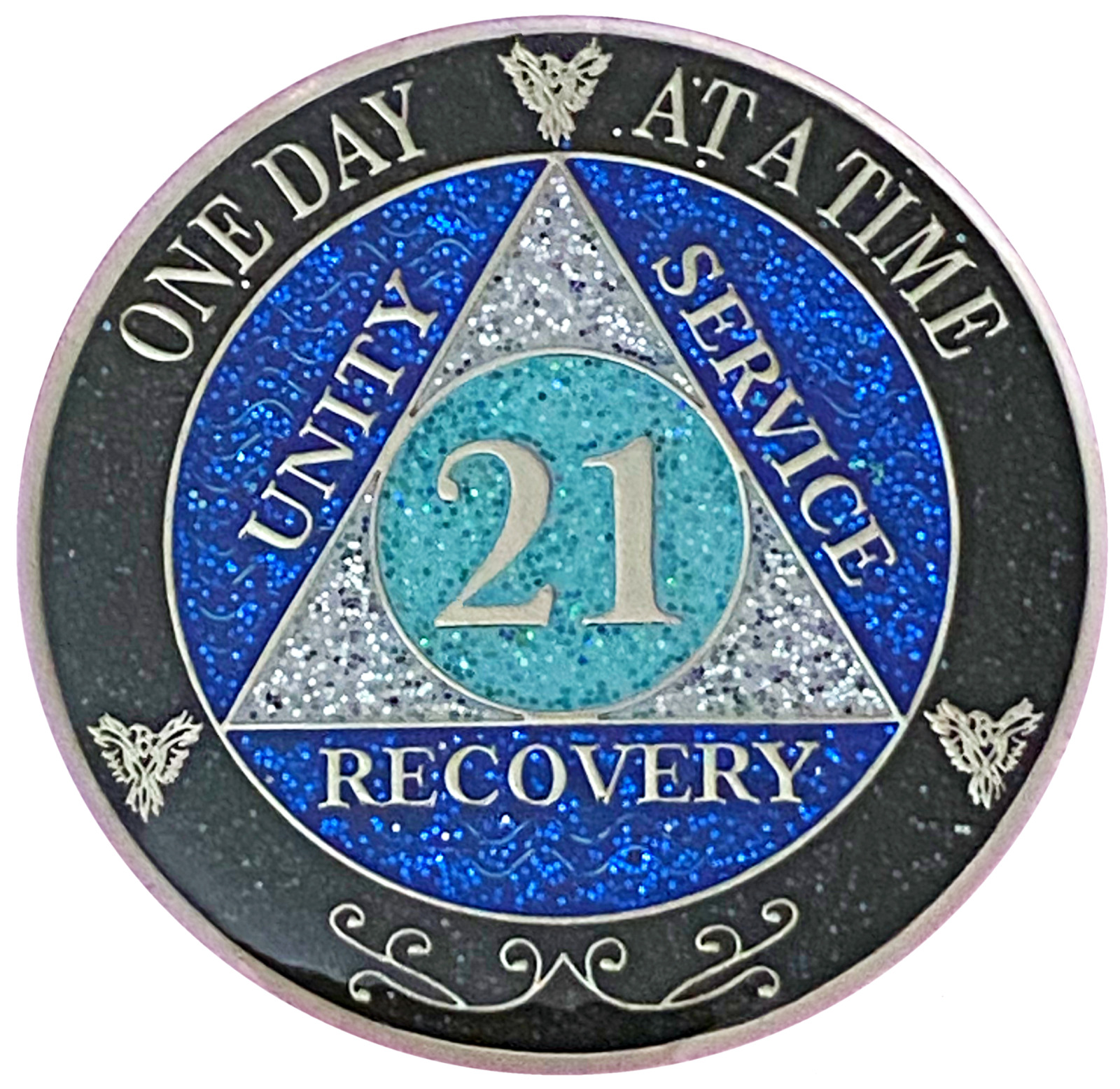 Aa 21 Year Medallion, Black Rainbow, Blue Glitter, Alcoholics Anonymous Coin