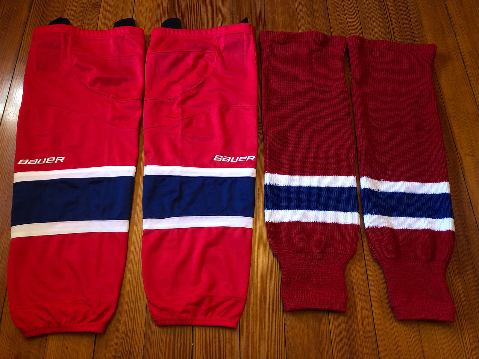 2 Pairs Of Montreal Canadiens Hockey Socks—bauer+unbranded Senior S-m 27”