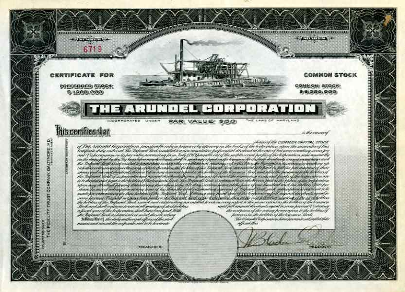 19__ Arundel Corp Stock Certificate