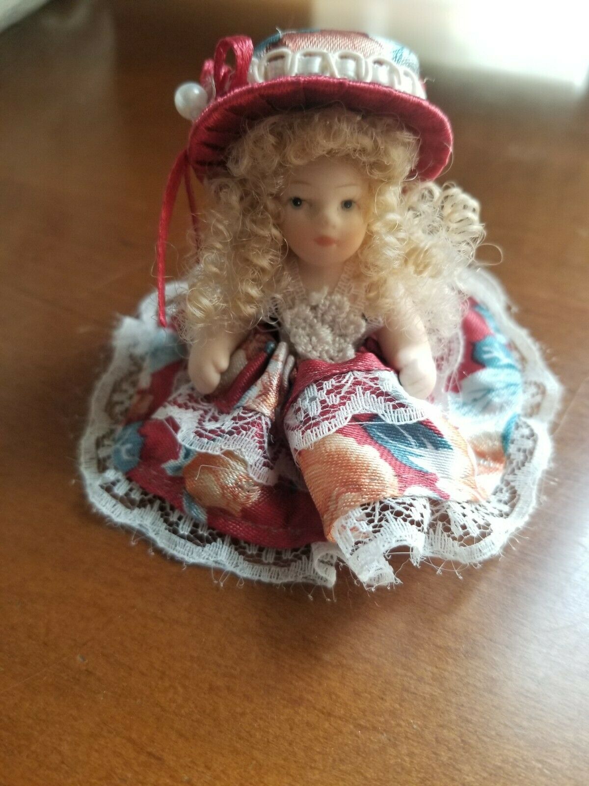 Ganz Collectible 3" Porcelain Doll With Rust Red Dress And Matching Hat