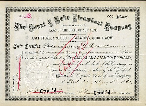 1880 Canal & Lake Steamboat Stock Certificate