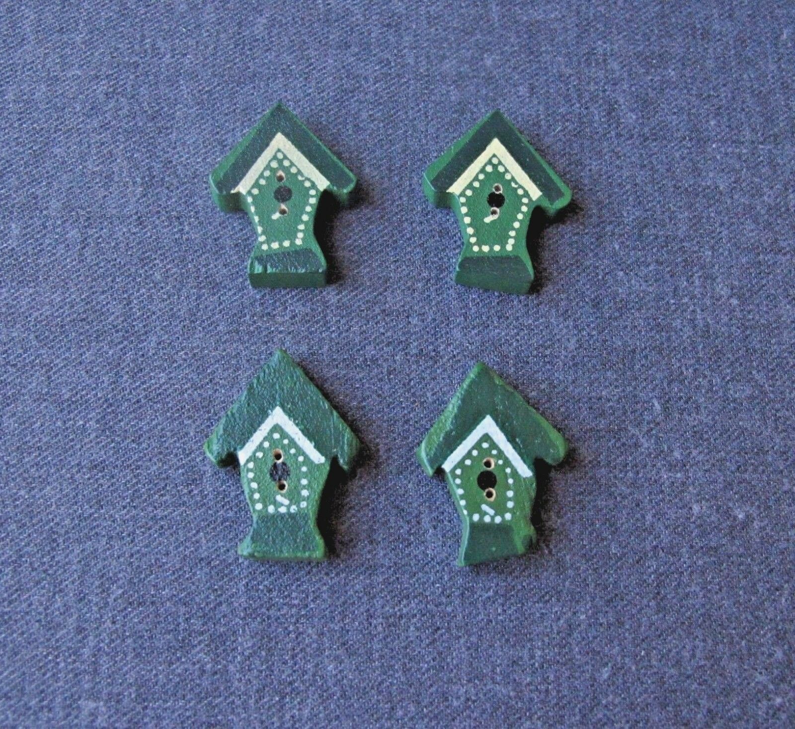 4 Vintage  Artisan Crafted Green & Creamy Figural Painted Wooden Buttons  X2