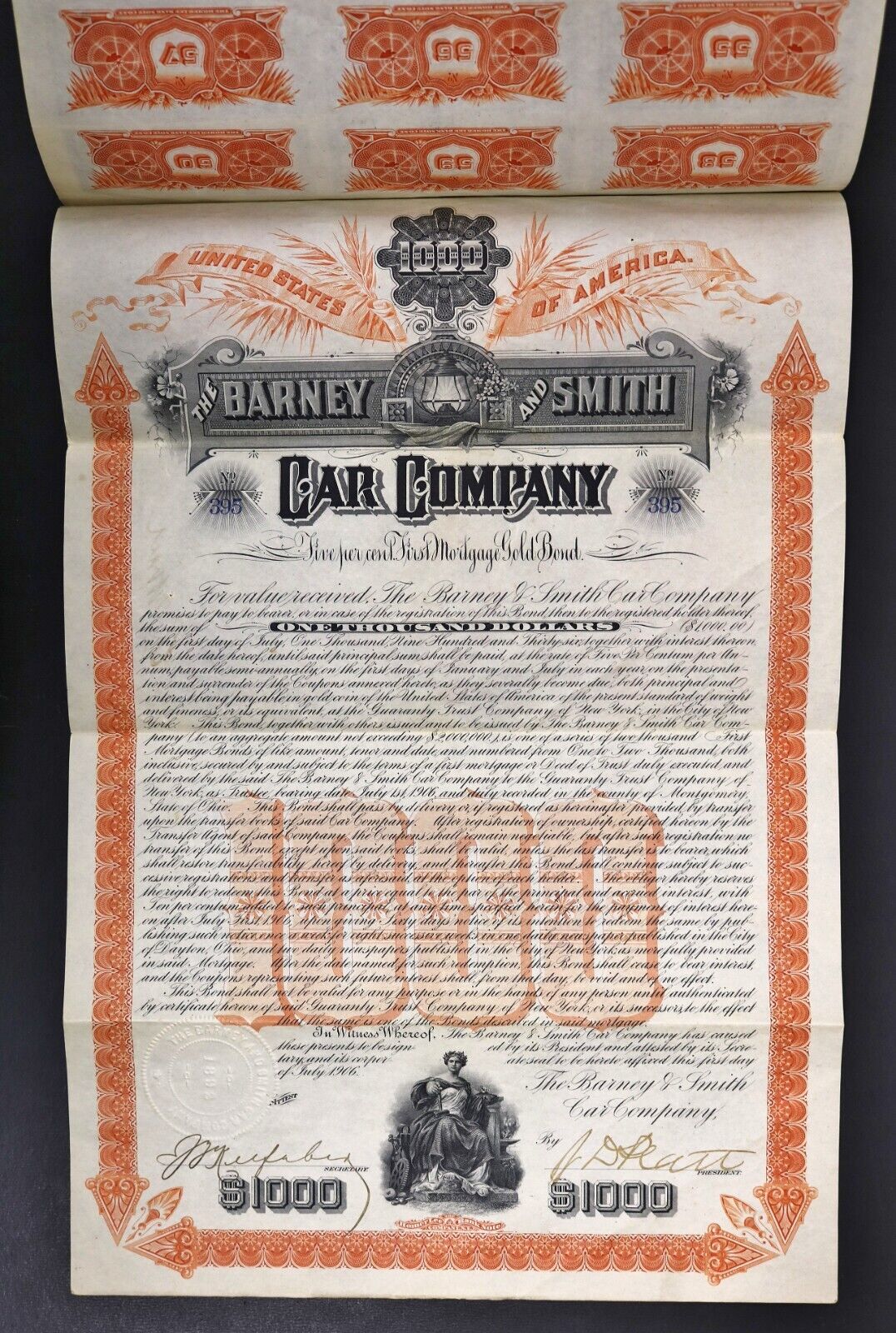 Barney & Smith Car Co Dayton Oh $1000 First Mortgage Gold Bond 1906 31 Coupons