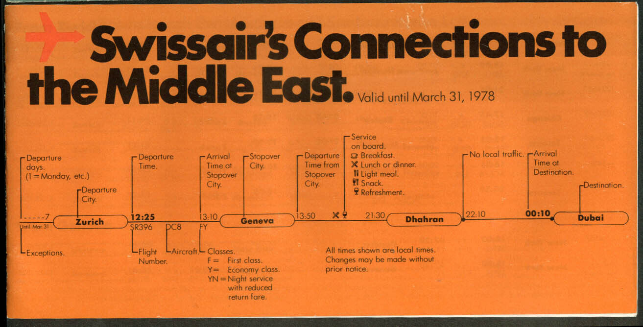 Swissair Airline Timetable Connections To The Middle East 3/31 1978
