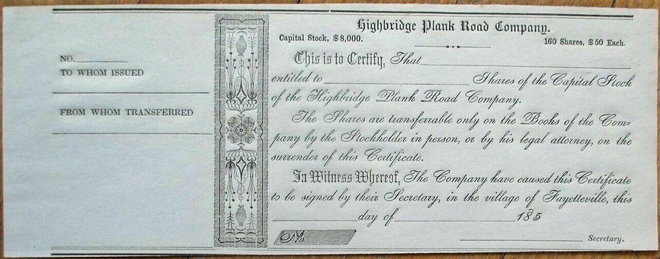 Fayetteville 1850 Stock Certificate: Hibridge Plank Road Company - Turnpike