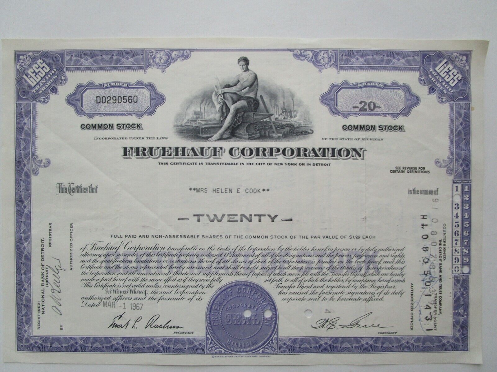 Classic 1967 Fruehauf Stock Certificate. Semi Trailer Mfgr 1960s
