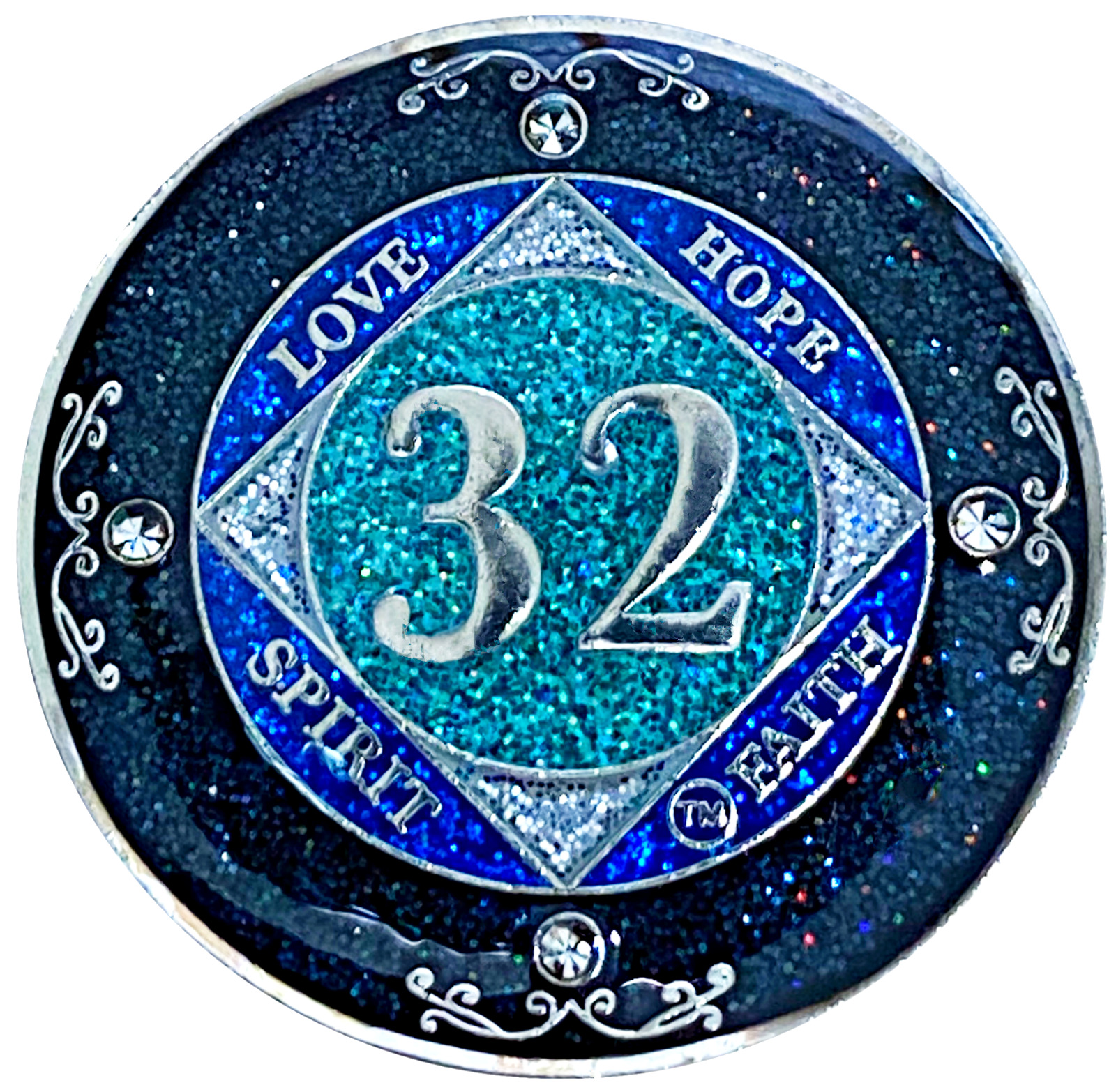 Na 32 Year Glitter & Crystals Medallion, Narcotics Anonymous Blue Glitter Coin