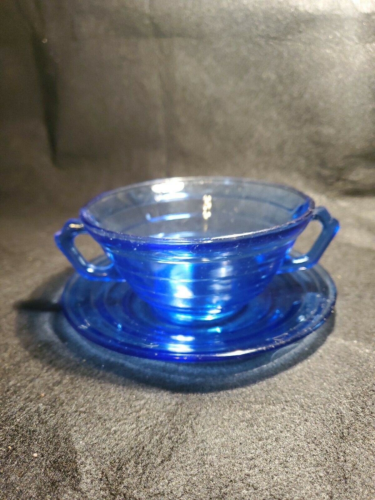 Blue Glass Bouillon/ Soup Bowl And Saucer Set