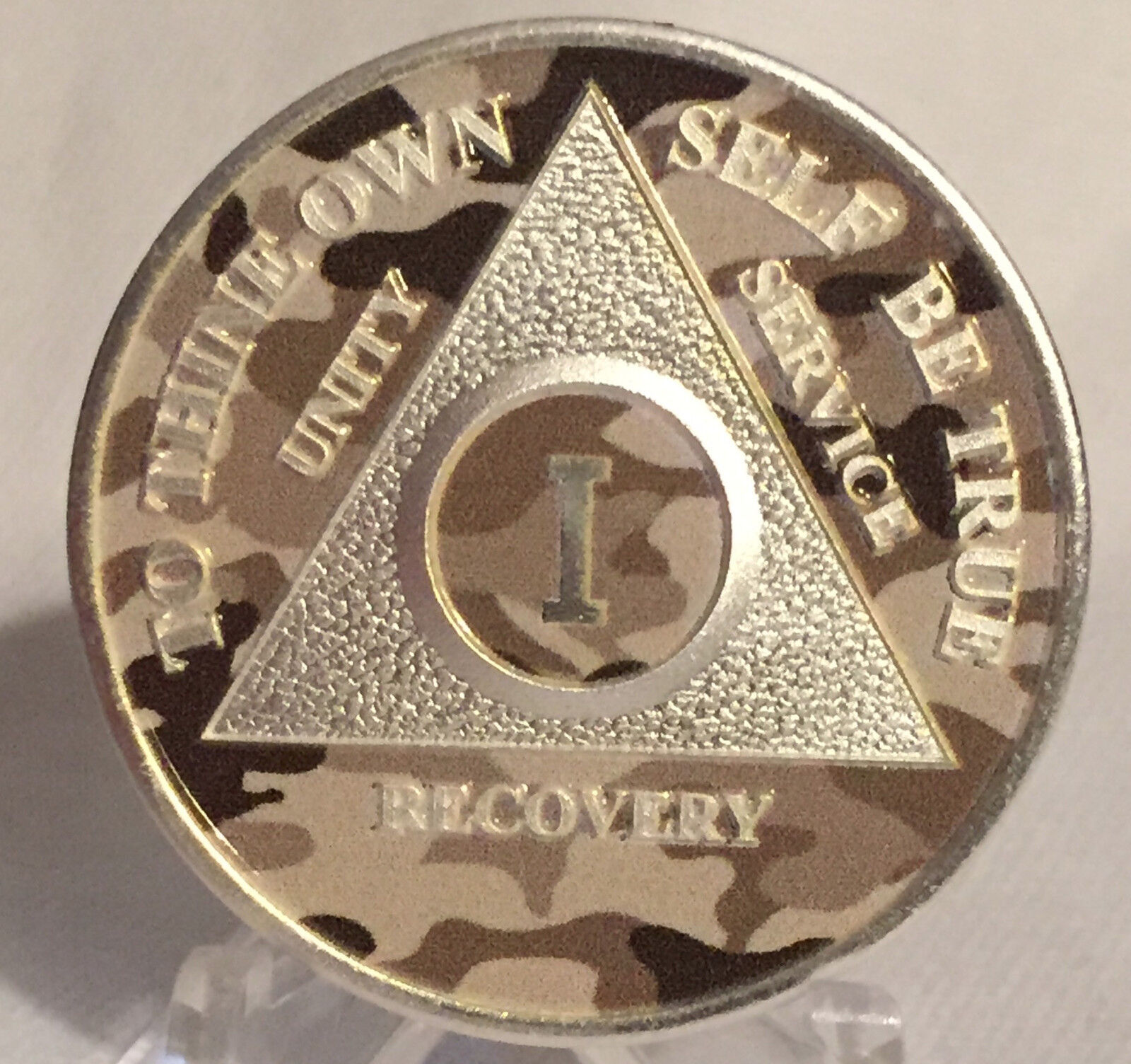 Camo & Silver Plated 1 Year Aa Chip Alcoholics Anonymous Medallion Coin Sobriety