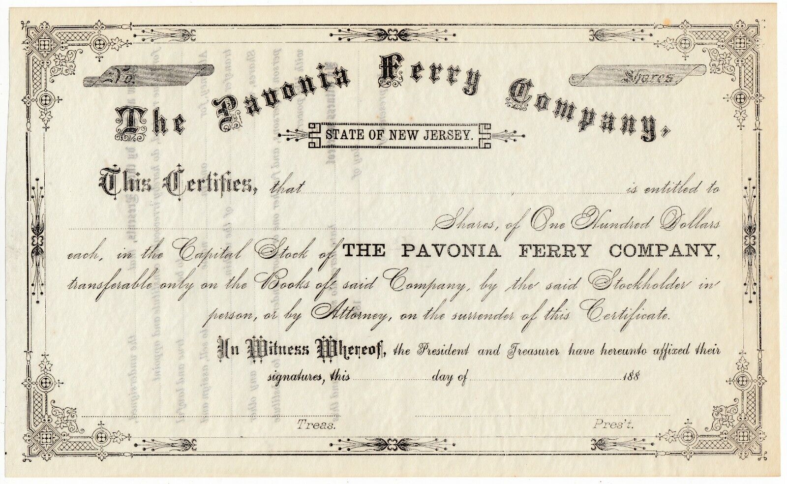 1880s The Pavonia Ferry Company Stock Certificate New Jersey