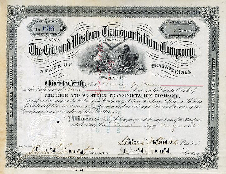 1881 Erie & Western Transportation Co. Stock Certificate