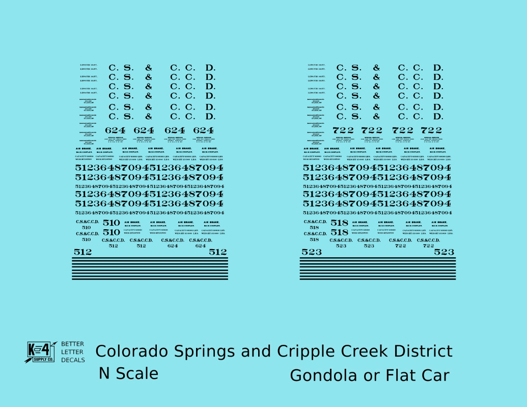 K4 N Decals Colorado Springs & Cripple Creek District Flatcar Gondola Black