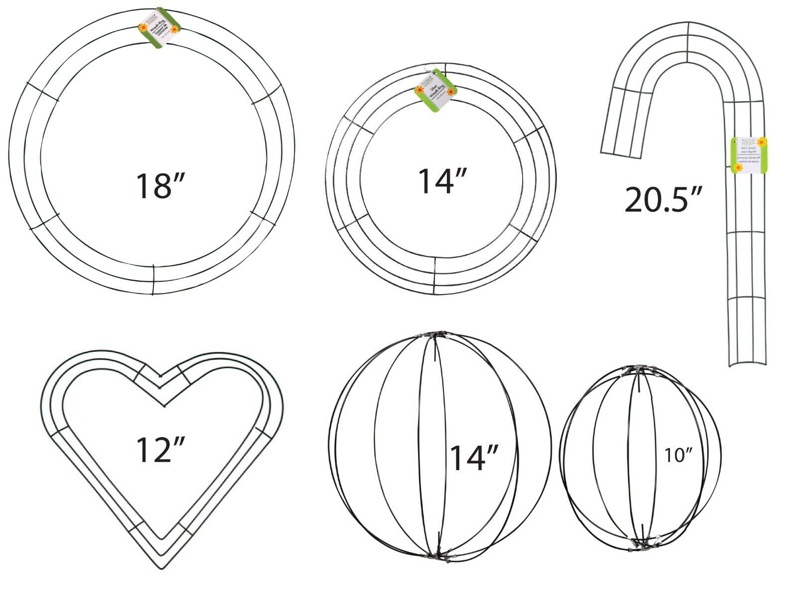 Metal Wire Wreath Frame Form  Circle Rings, Candy Cane, 3d Orb Globe, & Heart