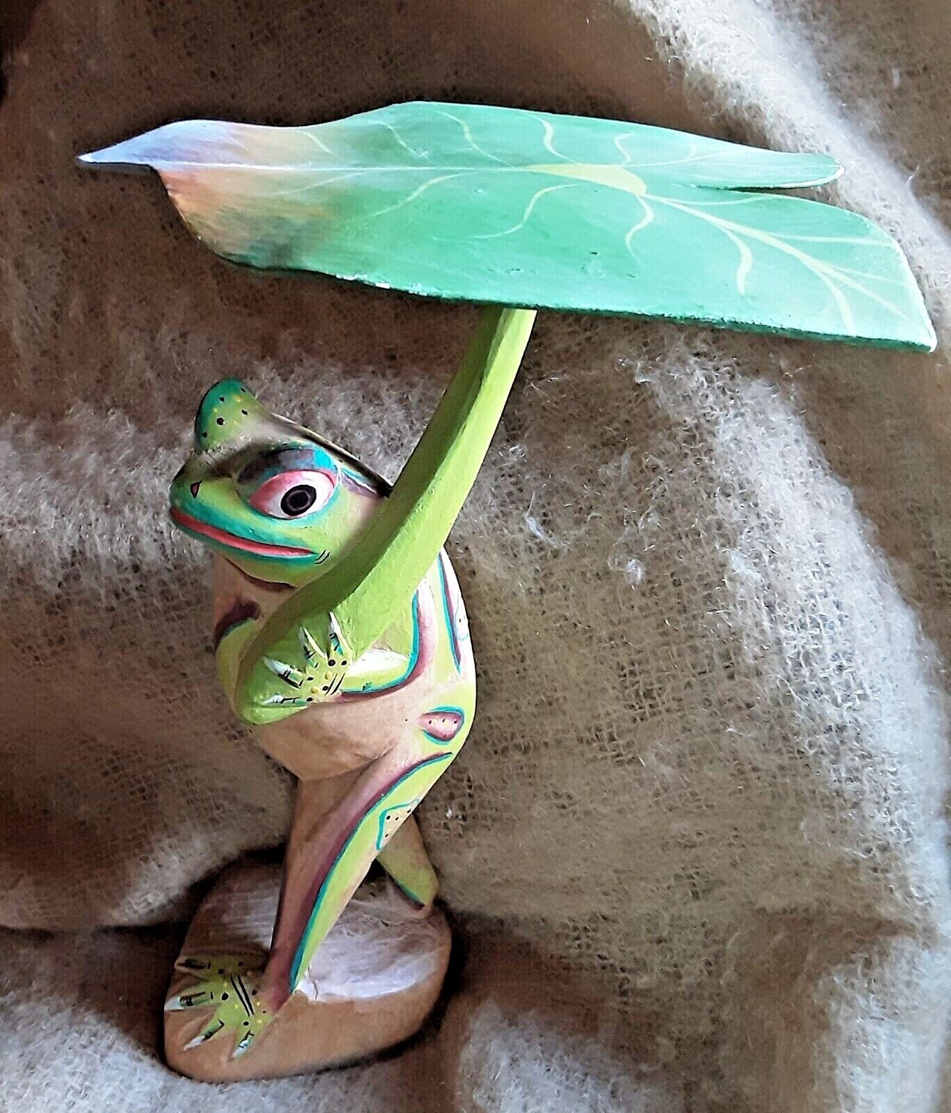 Hand Carved Folk Art 12" Wood Frog Holding Leaf Umbrella Hand Painted