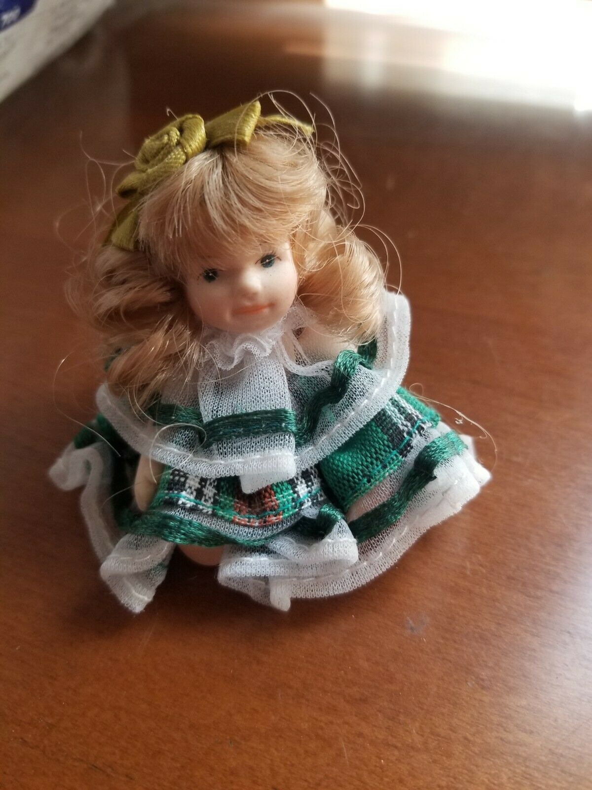 Ganz Collectible 3" Porcelain Doll With Green Plaid Ruffled Dress