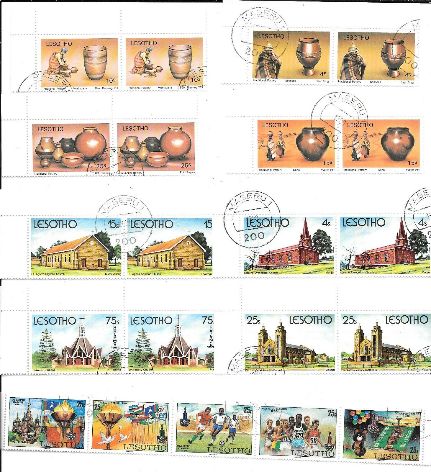 1980's Lesotho Stamps Used: Pottery, Churches And Olympics