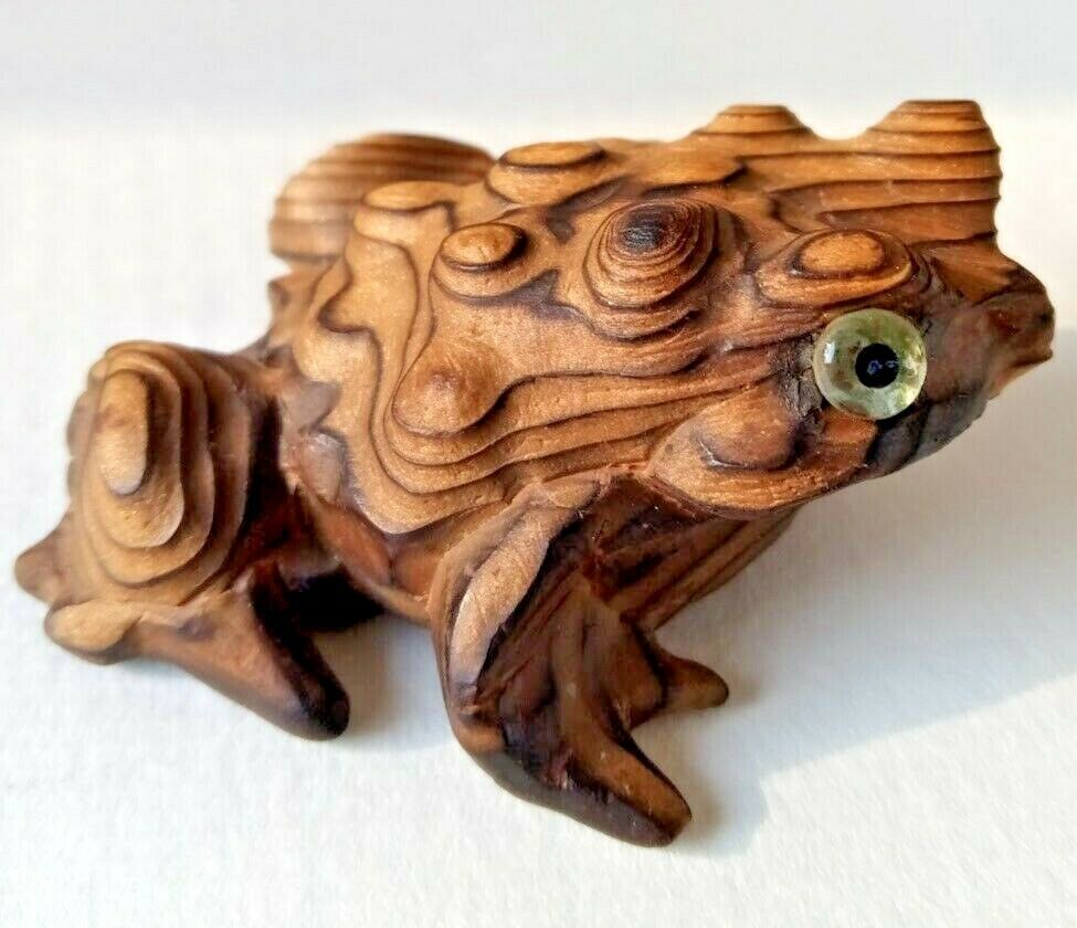 Frog, Toad, Hand Carved Cryptomeria Wood, Japanese Cedar Frog Figure, 3" Japan