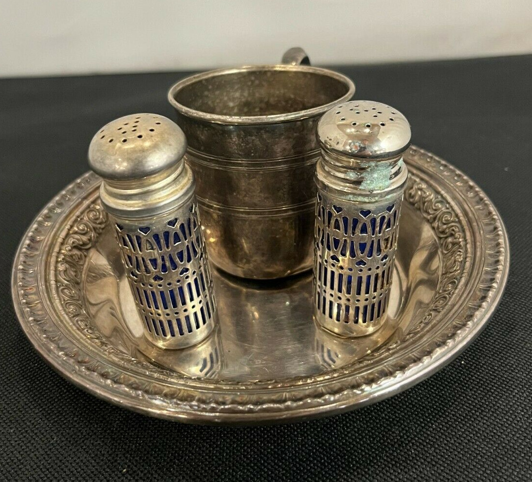 Vintage Silver Kitchenware Lot Of 3 - Baby Cup, Bowl, Salt & Pepper Shaker