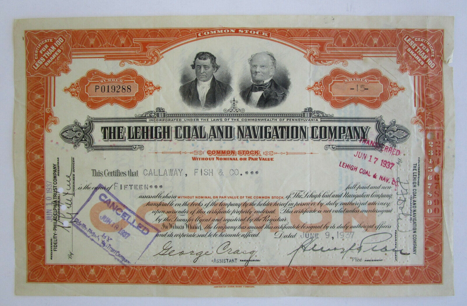 Vtg Pre War 1937 Lehigh Coal Navigation Stock Certificate W/ Stamps