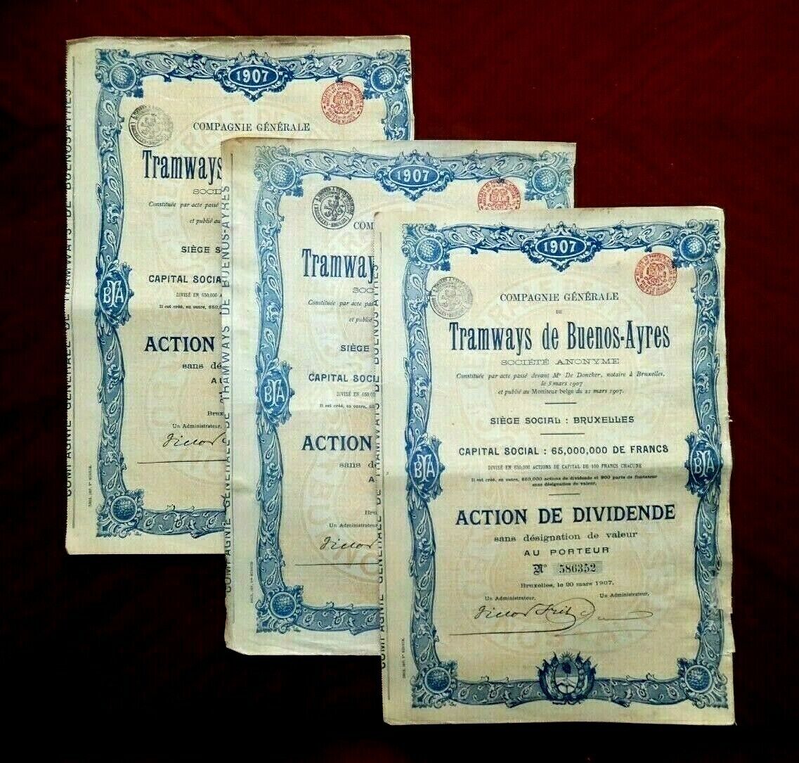 Argentina ,tramways De  Buenos Aires,share Certificate 1907  G+   X 3