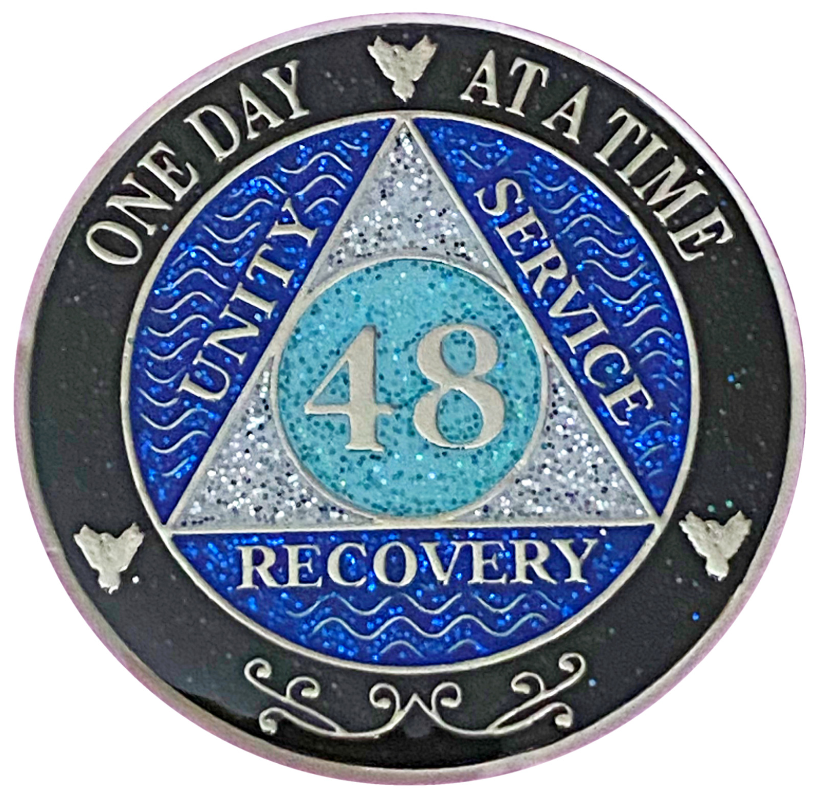 Aa 48 Year Medallion, Black Rainbow, Blue Glitter, Alcoholics Anonymous Coin