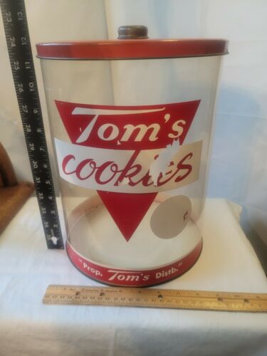 Vintage Tom's Cookies Store Display Plexiglass Jar With Metal Lid