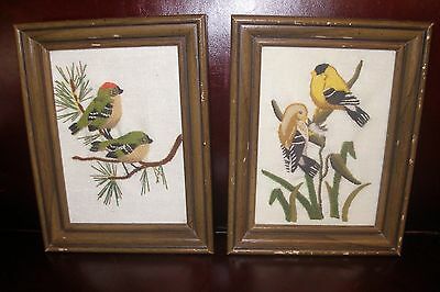 Vintage Birds Nesting Pair Crewel Goldfinch Needle Artist Framed Local Estate