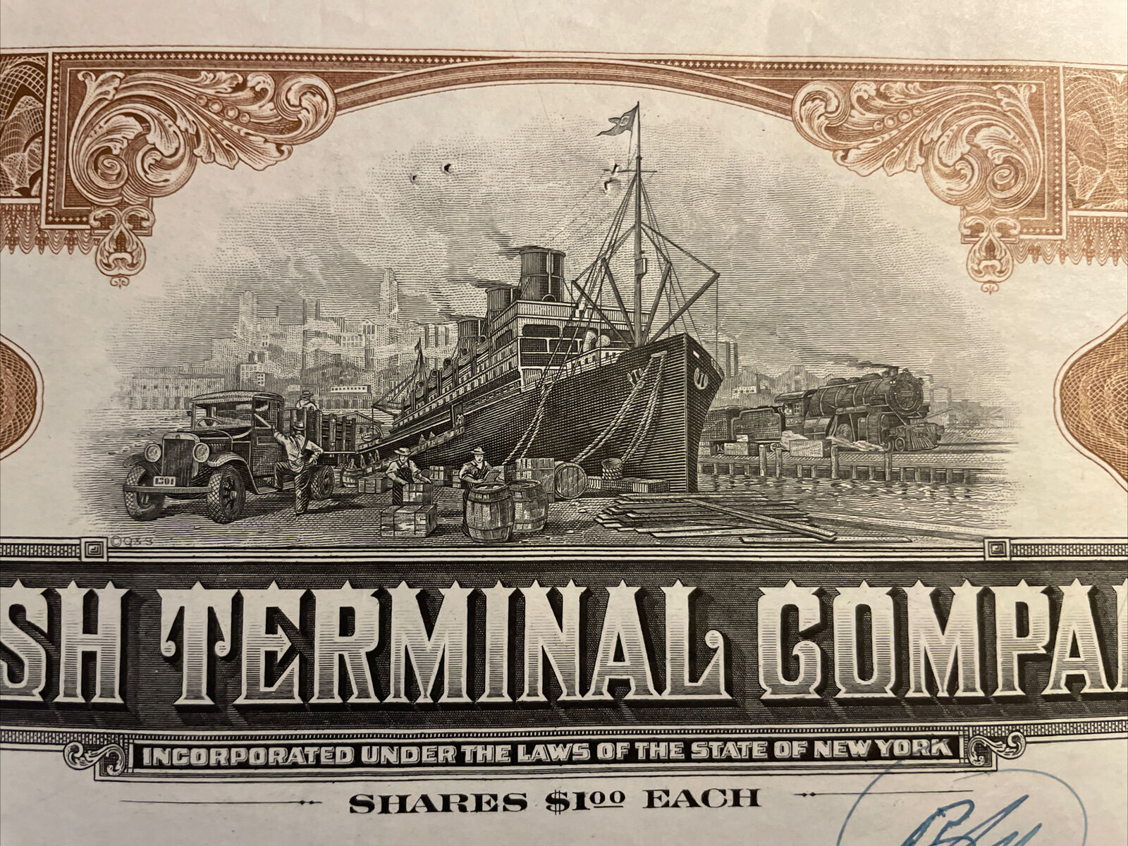 Lot (2) Circa 1940 Bush Terminal Shipping Company Stock Certificates Brooklyn Ny