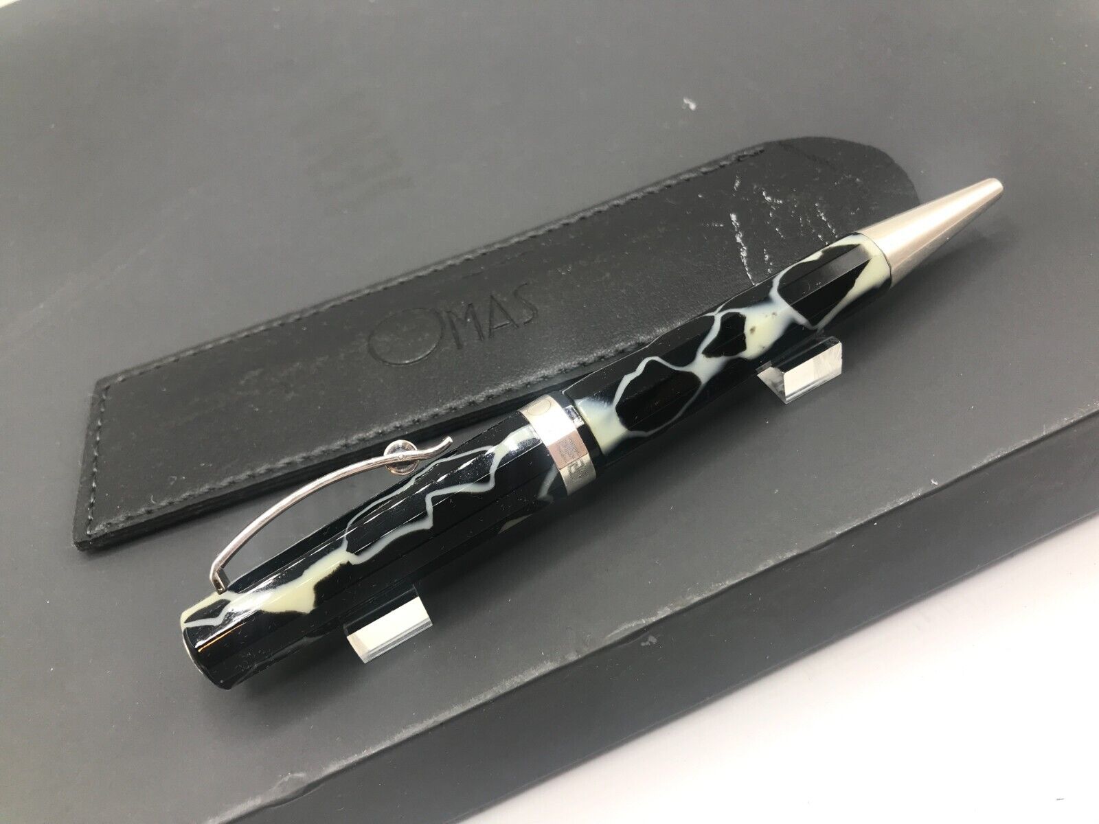 Omas Italy Celluloid Black White Cracked Ice Silver Trim Ballpoint Pen
