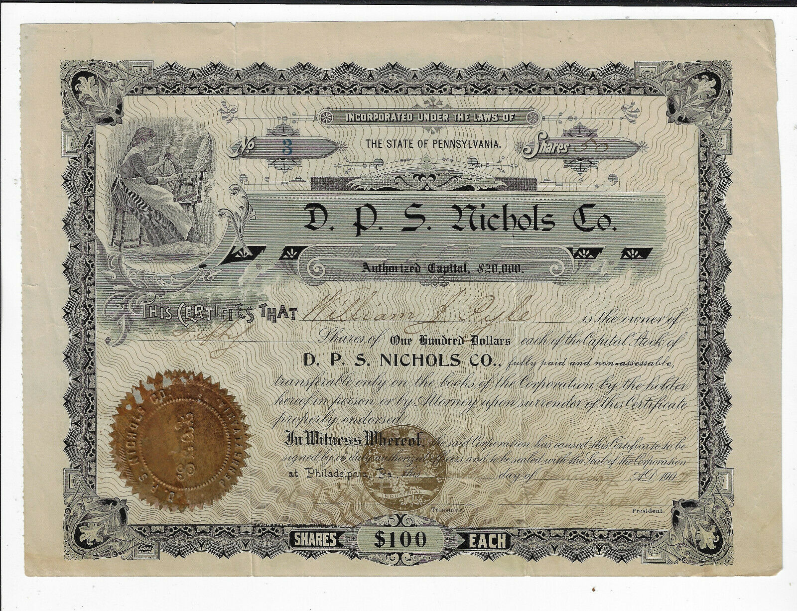 Pennsylvania 1907 D P S Nichols Co Stock Certificate W Letterhead #3 Horse Sales