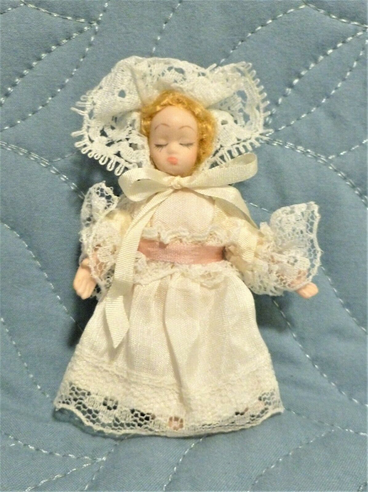 Miniature Fancy Porcelain Girl Doll, Lacy Outfit, Soft Body Center, 2.8" Tall