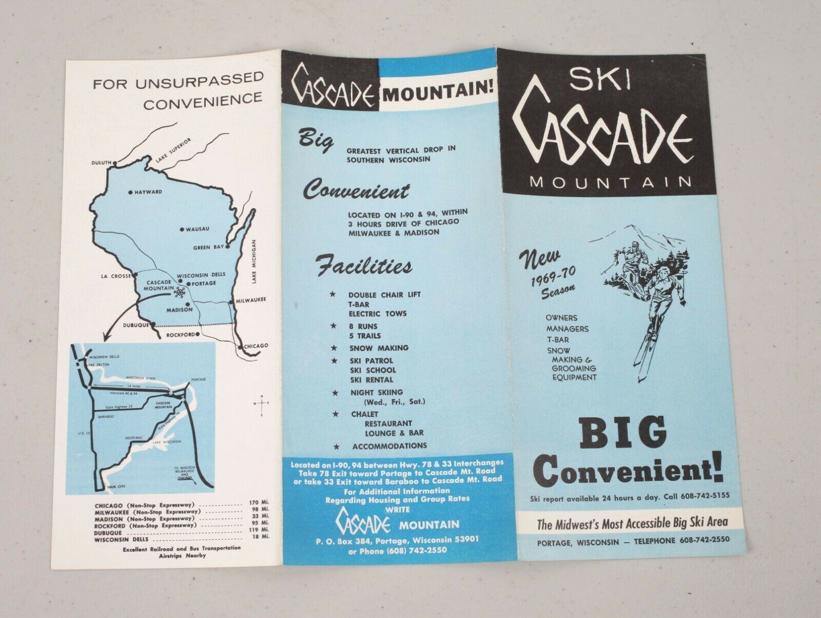 Vintage 1969-70 Ski Cascade Mountain Tourism Brochure Travel Portage Wisconsin