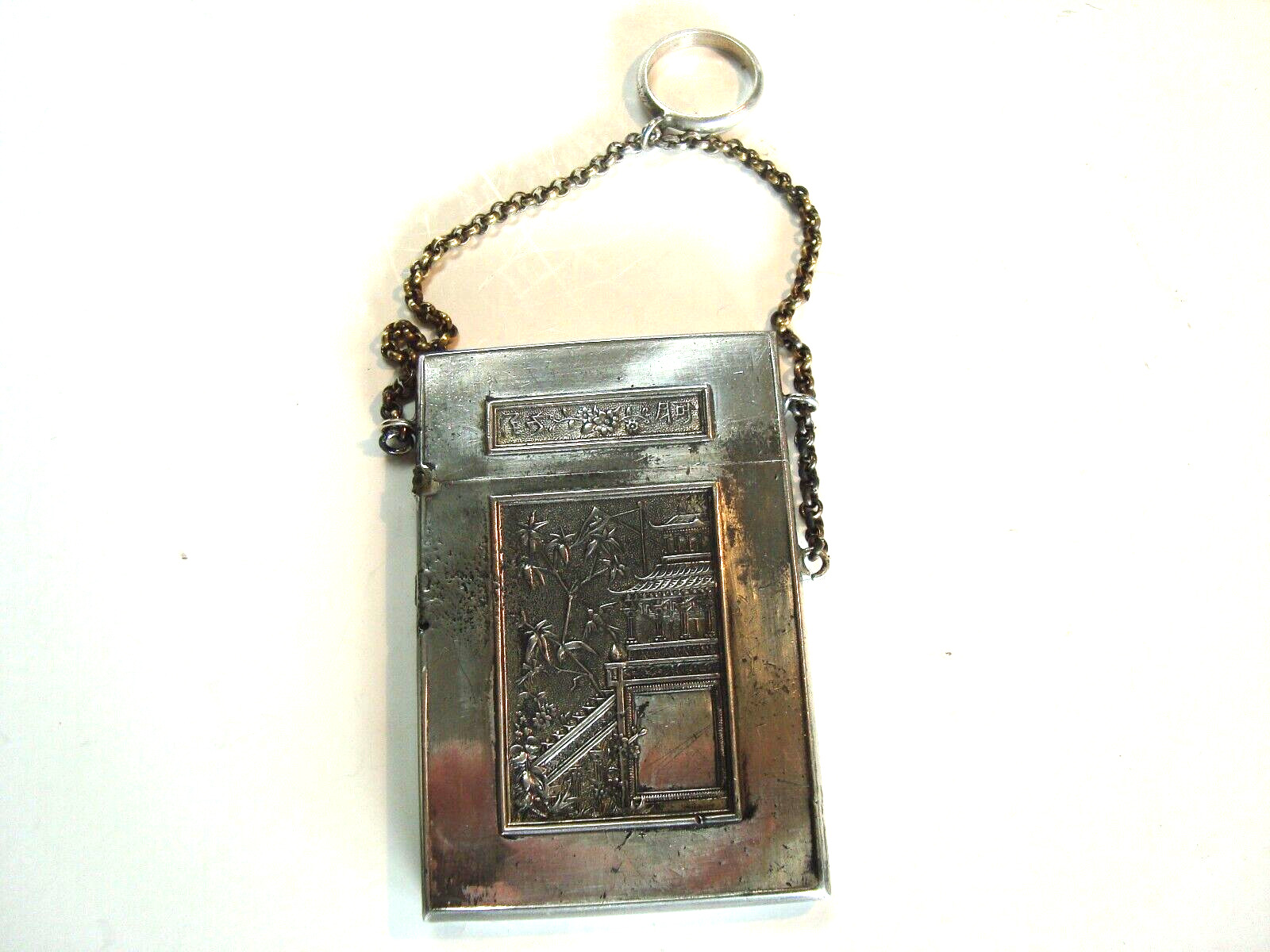 Antique Japanese Silver Plate Metal Card Case W Solid Silver Ring-