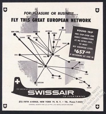 1951 Swissair Plane Modern System Map Art Vintage Print Ad