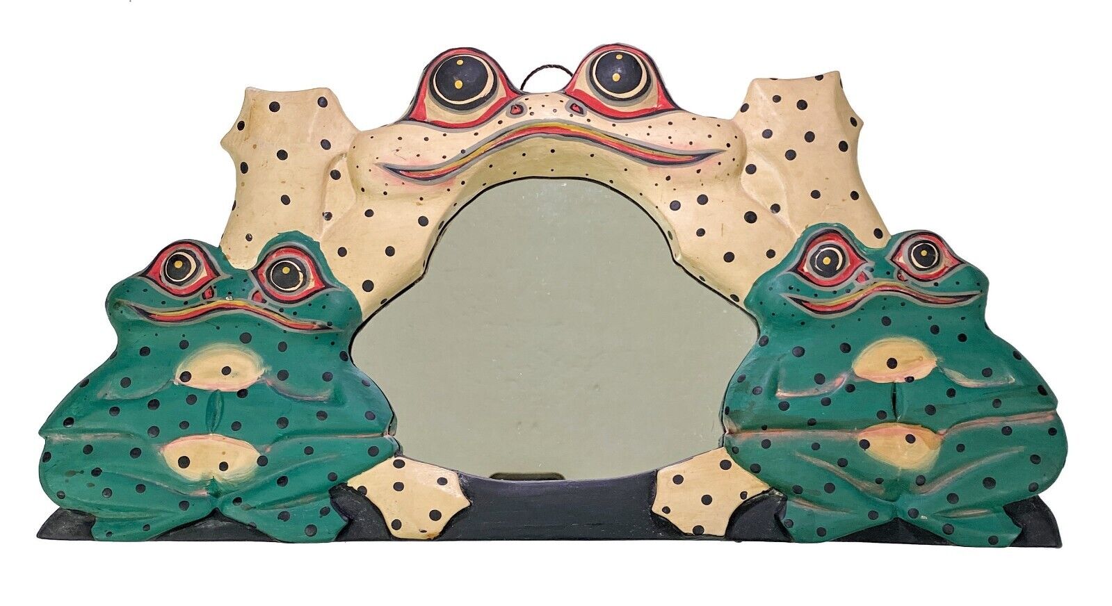 Carved Painted Wood Frog Family Wall Mirror Primitive Folk Art Boho
