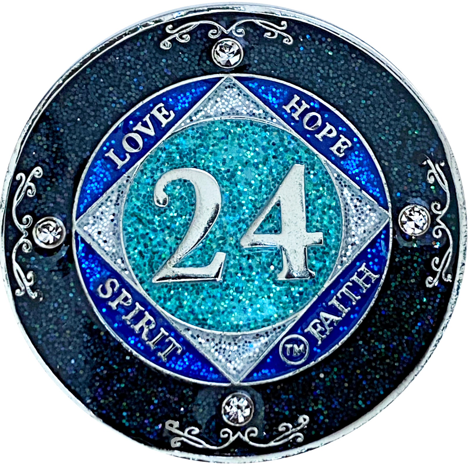 Na 24 Year Glitter & Crystals Medallion, Narcotics Anonymous Blue Glitter Coin