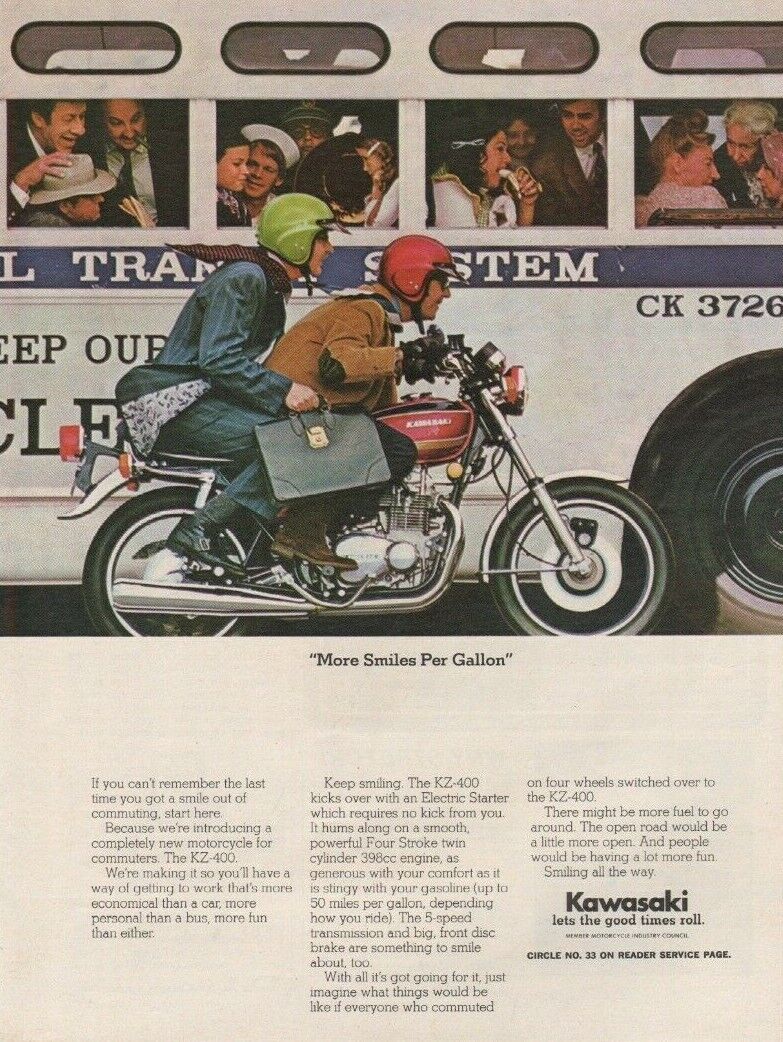 1974 Kawasaki Kz-400 - More Smiles Per Gallon - Vintage Motorcycle Ad