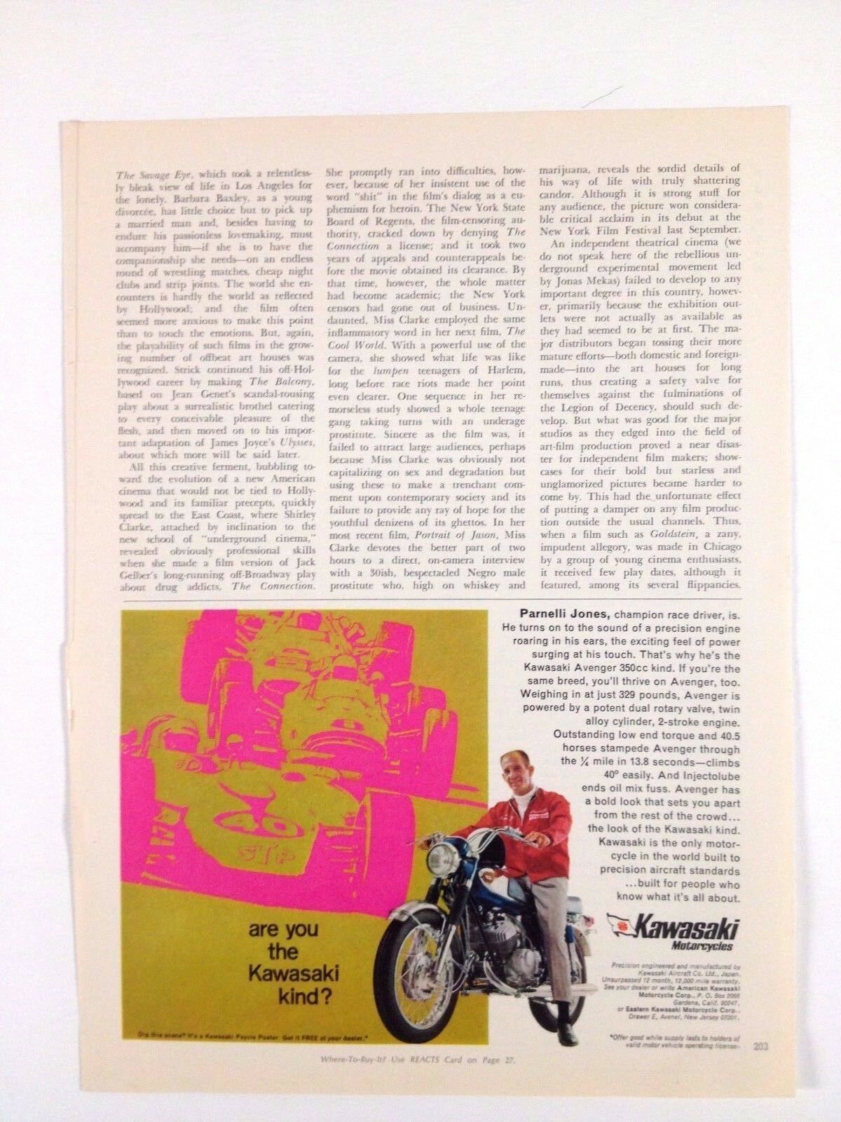 1968 Kawasaki Avenger 350cc Motorcycle Parnelli Jones Print Ad