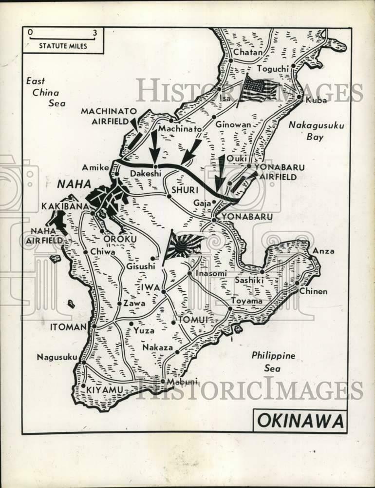 1945 Press Photo Map Showing World War Ii Troop Movements In Okinawa, Japan