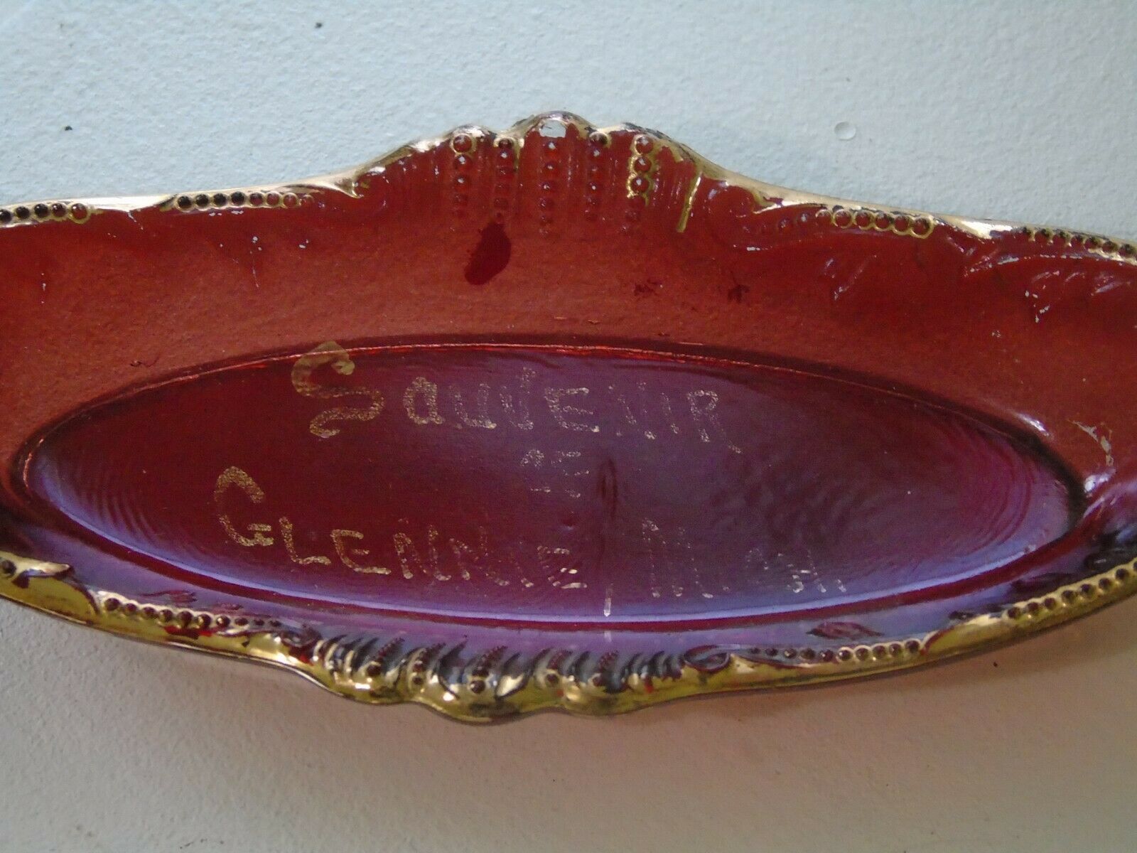Antique Ruby Flash Glass Souvenir Glennie Mich Michigan Tray