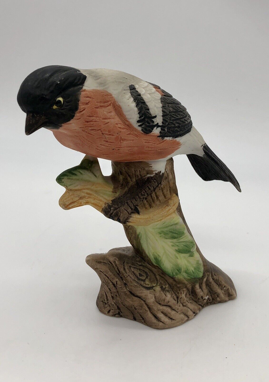Vintage Ceramic Bisque Porcelain Bull Finch Figurine Perched Tree Stump Woolbro