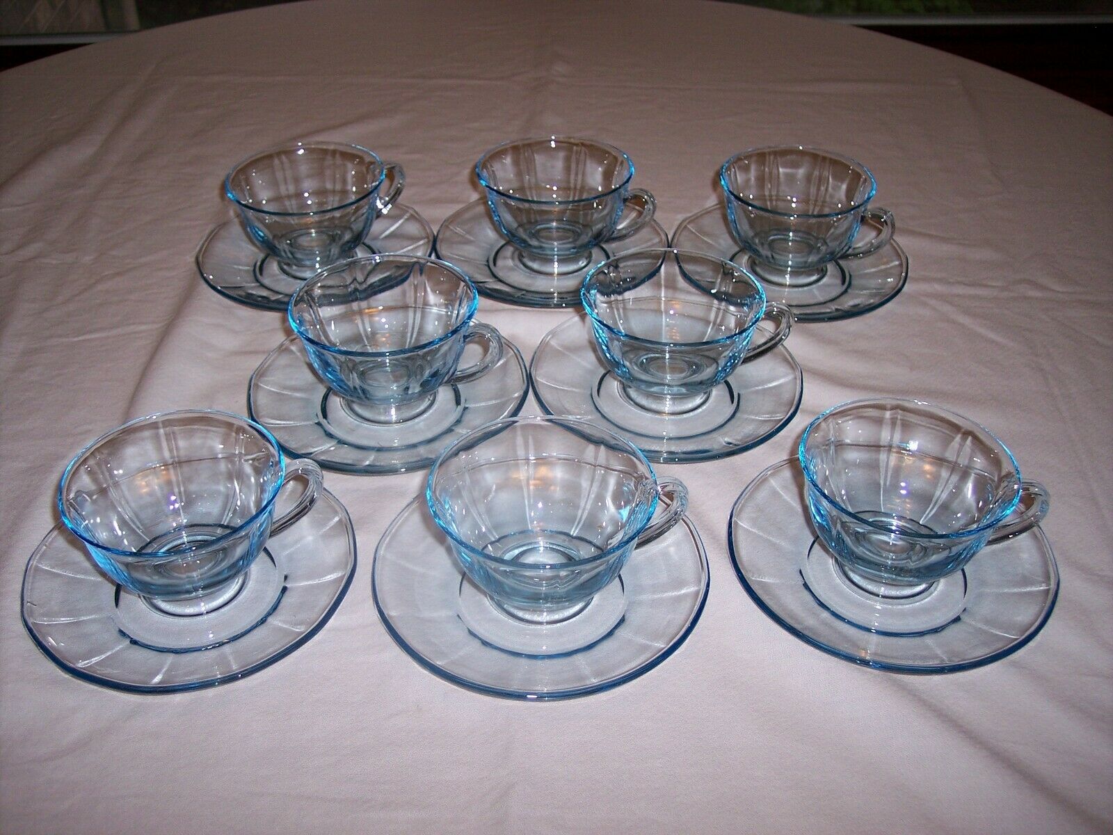 Set Of 8 Fostoria Fairfax Blue Footed Cups & Saucers
