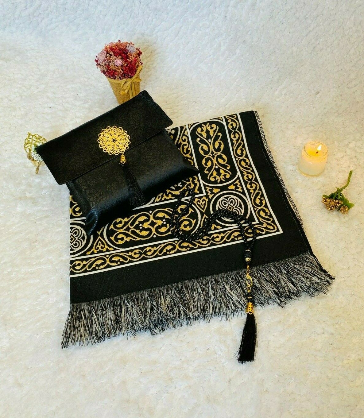 Muslim Prayer Mat, Kaba Design Prayer Rug, Sejadah, Janamaz, Pearl Rosary, Pouch
