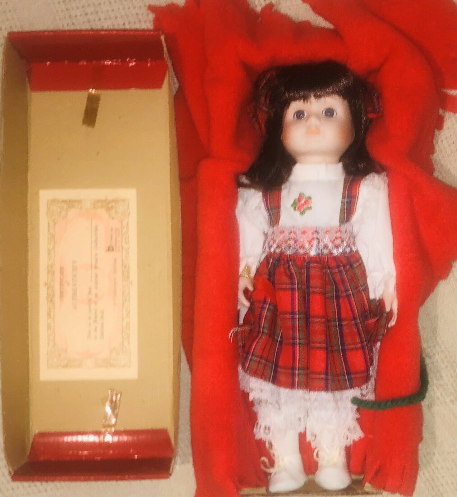 1989 Porcelain Doll 12” Mandy Red Plaid Dress Brinn's Collectibles Box Cert