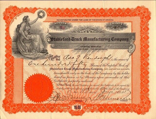 Stableford Truck Manufacturing Company  1917 Stock Certificate