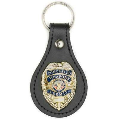 Gold Cwp Concealed Weapons Permit Badge Black Leather Fob Key Chain Key Ring M2