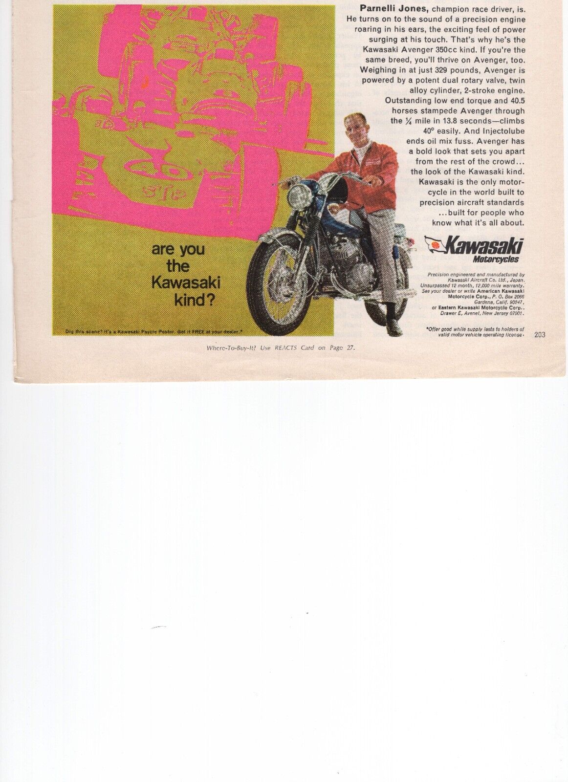 Vintage Print Ad 1968 Kawasaki Avenger 350cc